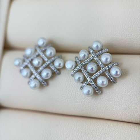 Radiant Grid Pearl Stud Earrings - Sterling Silver